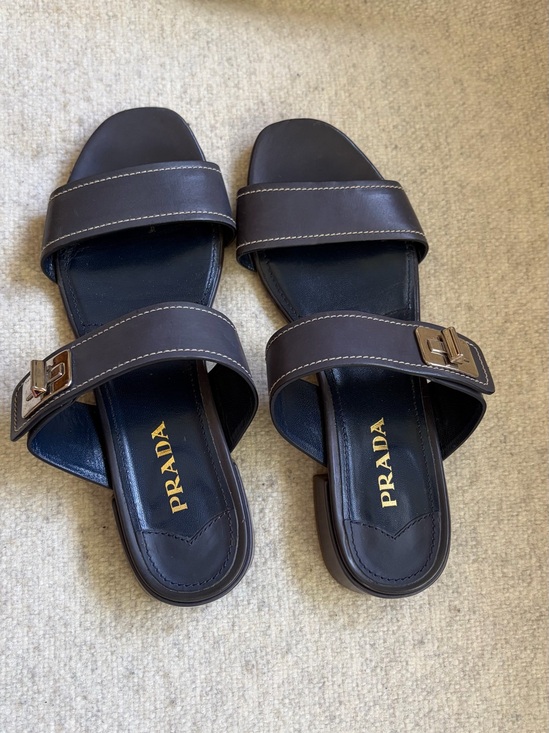 Prada Shoes - Prada women Dark blue Double-Strap Slide Sandals with Gold Buckles
